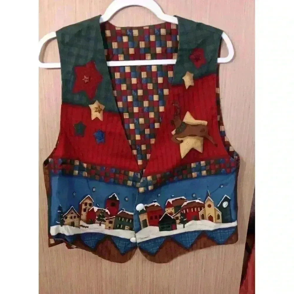 Christmas Holiday Vest OSFM Santa Reindeer Tree Joy Snow‎ Village Reversible